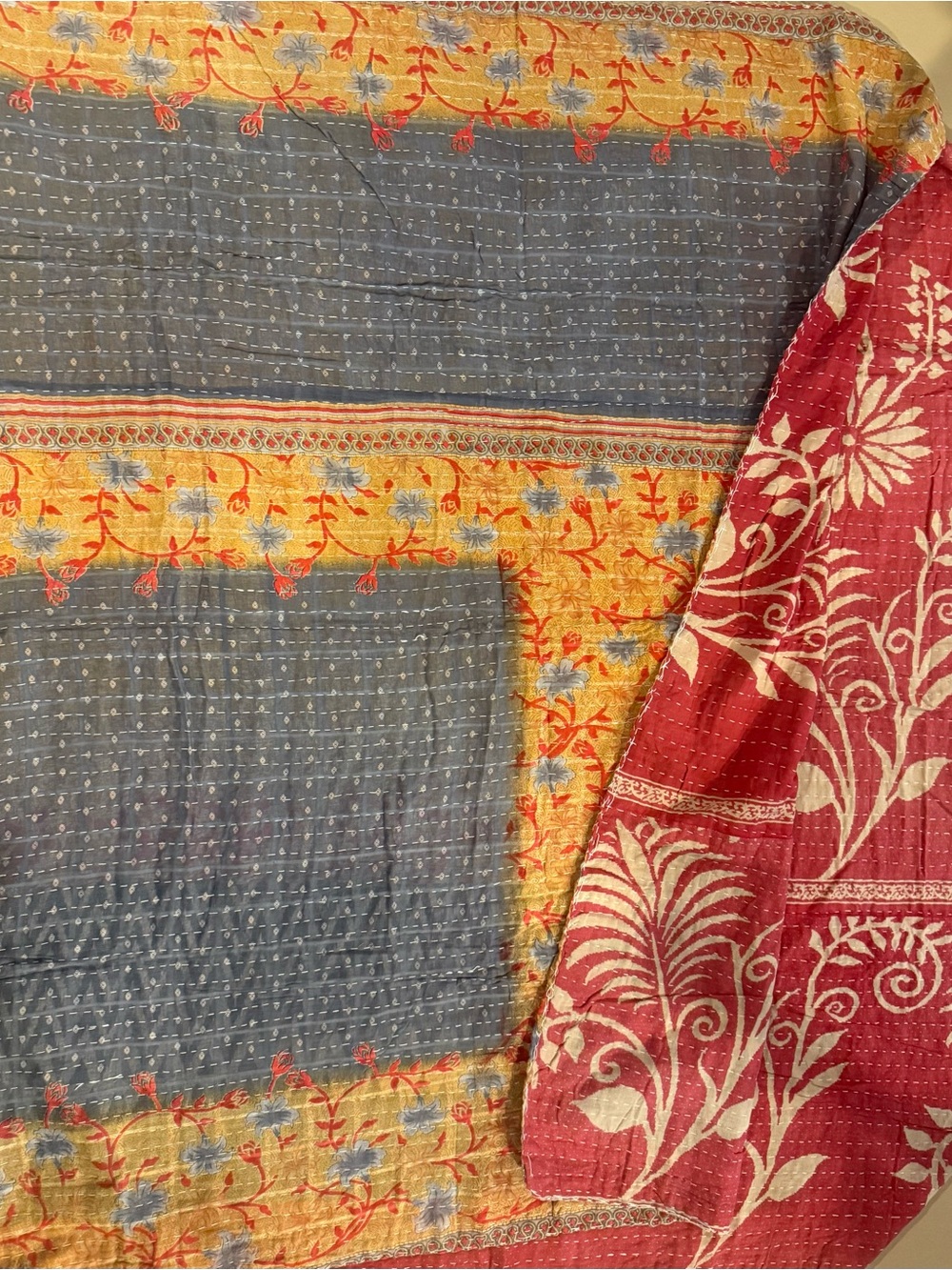 KAnTHA Reversible Quilted Home Throw in Blue, Yellow & Red Vintage